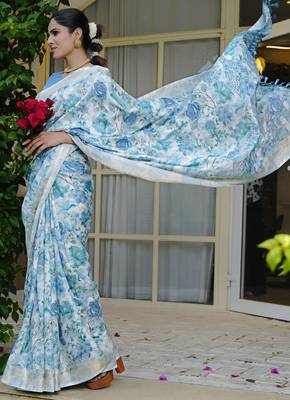 pastel blue floral print zari woven border silk blend saree with unstiched blouse piece 2