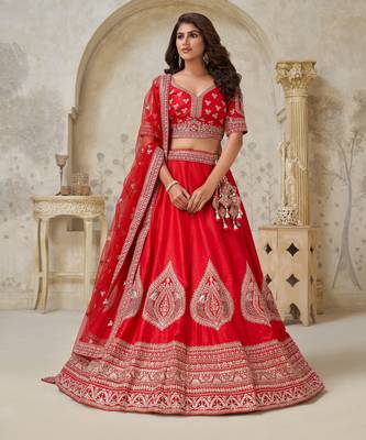 Red Wedding Raw silk Lehenga with Leaf Embroidery 2