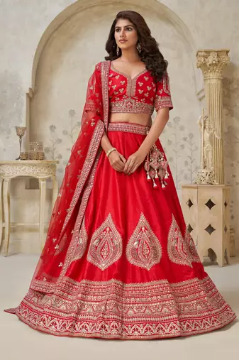 Red Wedding Raw silk Lehenga with Leaf Embroidery