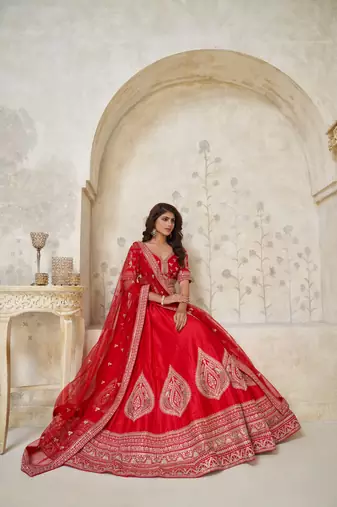 Red Wedding Raw silk Lehenga with Leaf Embroidery