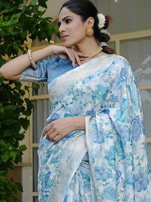 pastel blue floral print zari woven border silk blend saree with unstiched blouse piece 4