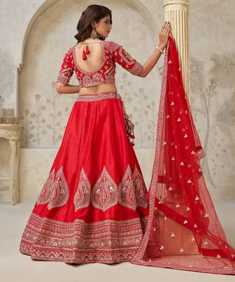 Red Wedding Raw silk Lehenga with Leaf Embroidery 4