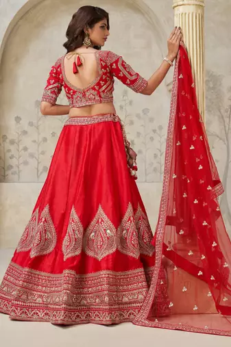 Red Wedding Raw silk Lehenga with Leaf Embroidery