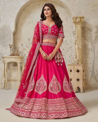 Pink Wedding Lehenga with Leaf Embroidery 1