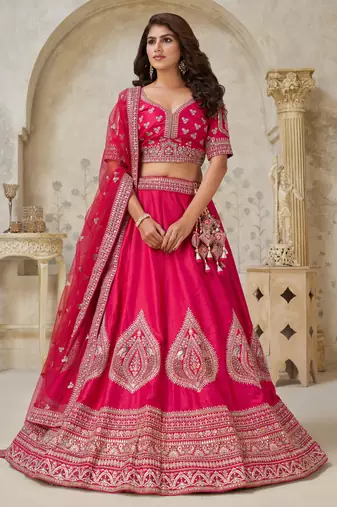 Pink Wedding Lehenga with Leaf Embroidery