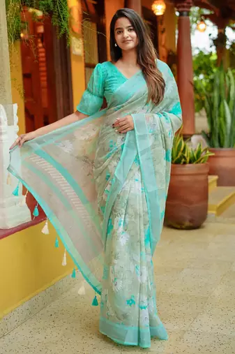 olive green floral print zari woven border cotton blend saree with unstiched blouse piece