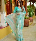 olive green floral print zari woven border cotton blend saree with unstiched blouse piece