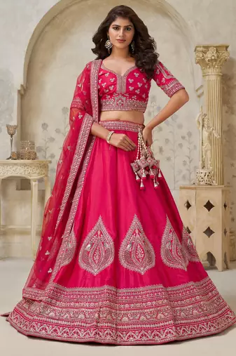 Pink Wedding Lehenga with Leaf Embroidery
