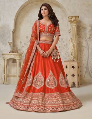 Trendy Rust Wedding Lehenga with Leaf Embroidery 1