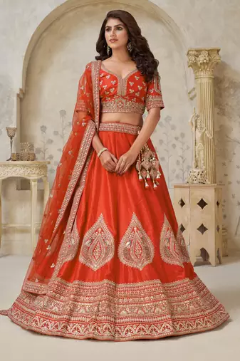 Trendy Rust Wedding Lehenga with Leaf Embroidery