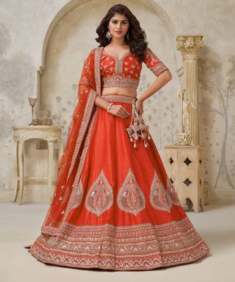 Trendy Rust Wedding Lehenga with Leaf Embroidery 2