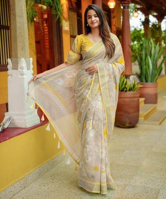 beige floral print zari woven border cotton blend saree with unstiched blouse piece 1