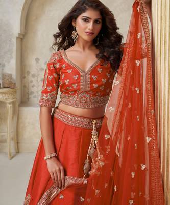 Trendy Rust Wedding Lehenga with Leaf Embroidery 3