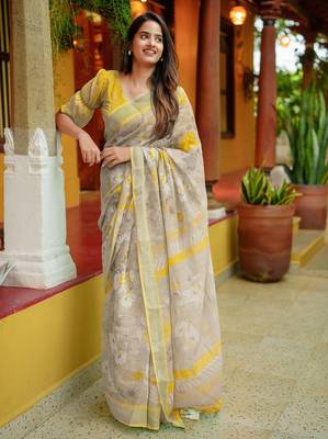beige floral print zari woven border cotton blend saree with unstiched blouse piece 2
