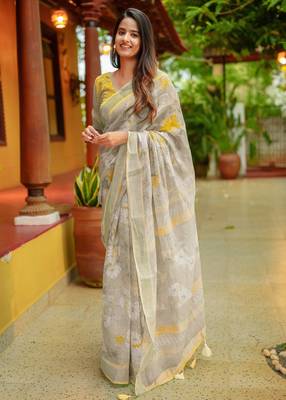 beige floral print zari woven border cotton blend saree with unstiched blouse piece 3