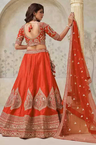 Trendy Rust Wedding Lehenga with Leaf Embroidery