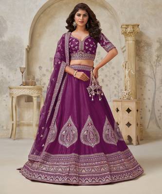 Wine Wedding Lehenga with Leaf Embroidery 1
