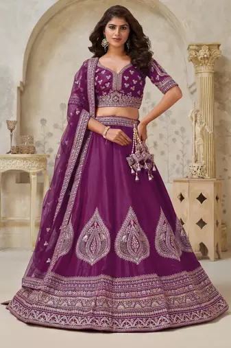 Wine Wedding Lehenga with Leaf Embroidery