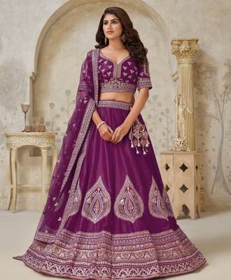 Wine Wedding Lehenga with Leaf Embroidery 2