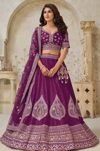 Wine Wedding Lehenga with Leaf Embroidery