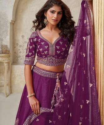 Wine Wedding Lehenga with Leaf Embroidery 3
