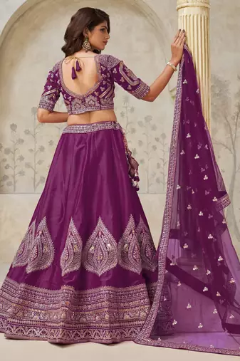 Wine Wedding Lehenga with Leaf Embroidery