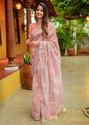 peach floral print zari woven border cotton blend saree with unstiched blouse piece 3