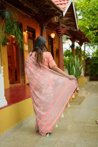 peach floral print zari woven border cotton blend saree with unstiched blouse piece