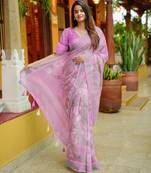 lavender floral print zari woven border cotton blend saree with unstiched blouse piece