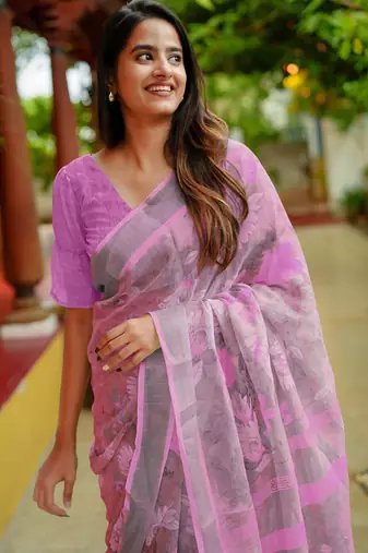 lavender floral print zari woven border cotton blend saree with unstiched blouse piece