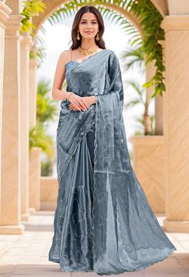 olive green sequins thread work sequins border organza saree with unstiched blouse piece 1