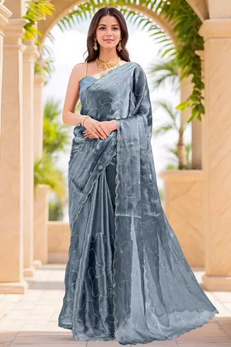 greyish blue sequins thread work sequins border organza saree with unstiched blouse piece