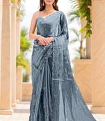 greyish blue sequins thread work sequins border organza saree with unstiched blouse piece