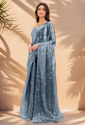 olive green sequins thread work sequins border organza saree with unstiched blouse piece 3
