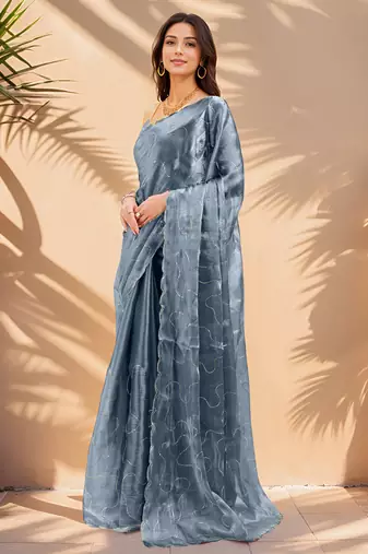 olive green sequins thread work sequins border organza saree with unstiched blouse piece