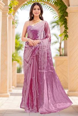 magenta sequins thread work sequins border organza saree with unstiched blouse piece 1