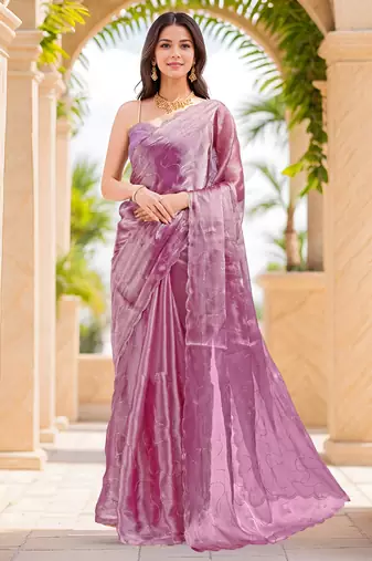 magenta sequins thread work sequins border organza saree with unstiched blouse piece