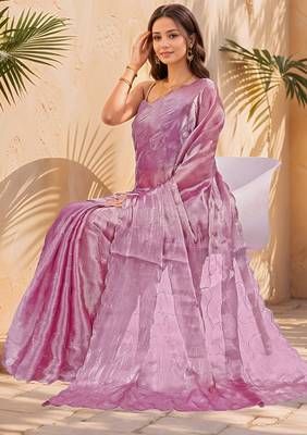 magenta sequins thread work sequins border organza saree with unstiched blouse piece 2