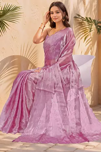 magenta sequins thread work sequins border organza saree with unstiched blouse piece