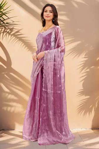 magenta sequins thread work sequins border organza saree with unstiched blouse piece