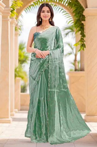 bottle green sequins thread work sequins border organza saree with unstiched blouse piece