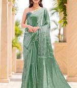 bottle green sequins thread work sequins border organza saree with unstiched blouse piece