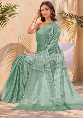 bottle green sequins thread work sequins border organza saree with unstiched blouse piece 2