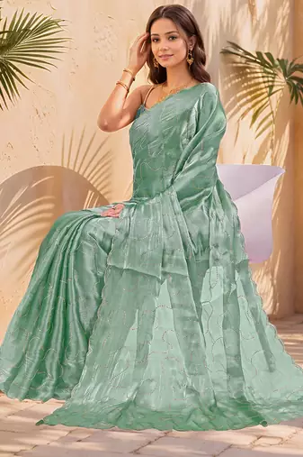 bottle green sequins thread work sequins border organza saree with unstiched blouse piece