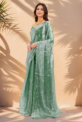 bottle green sequins thread work sequins border organza saree with unstiched blouse piece 3