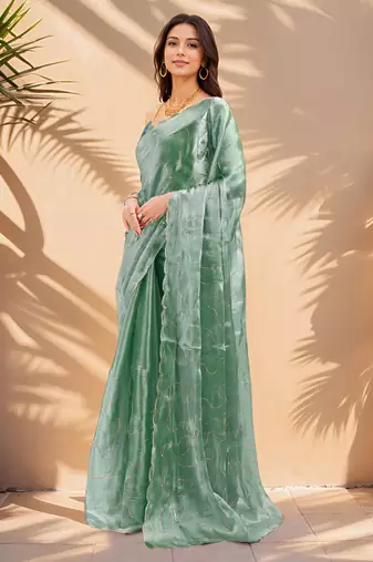 bottle green sequins thread work sequins border organza saree with unstiched blouse piece