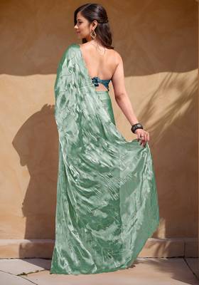 bottle green sequins thread work sequins border organza saree with unstiched blouse piece 4