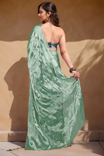 bottle green sequins thread work sequins border organza saree with unstiched blouse piece
