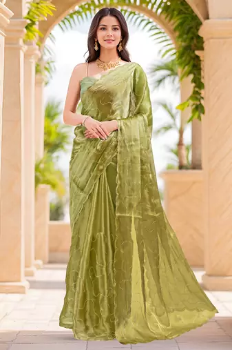 olive green sequins thread work sequins border organza saree with unstiched blouse piece