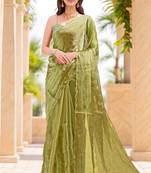 olive green sequins thread work sequins border organza saree with unstiched blouse piece